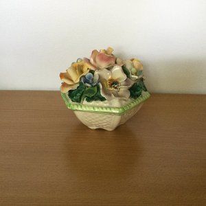 Vintage Italy hand painted hexagon shape jar box bowl with applied flowers lid
